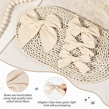 Deeka 4 Pcs White Cotton Linen Hair Bows 3 Styles 5' & 4' Handmade Hair Bow Set For Toddler Girls Alligator Hair Clips Knot Bo
