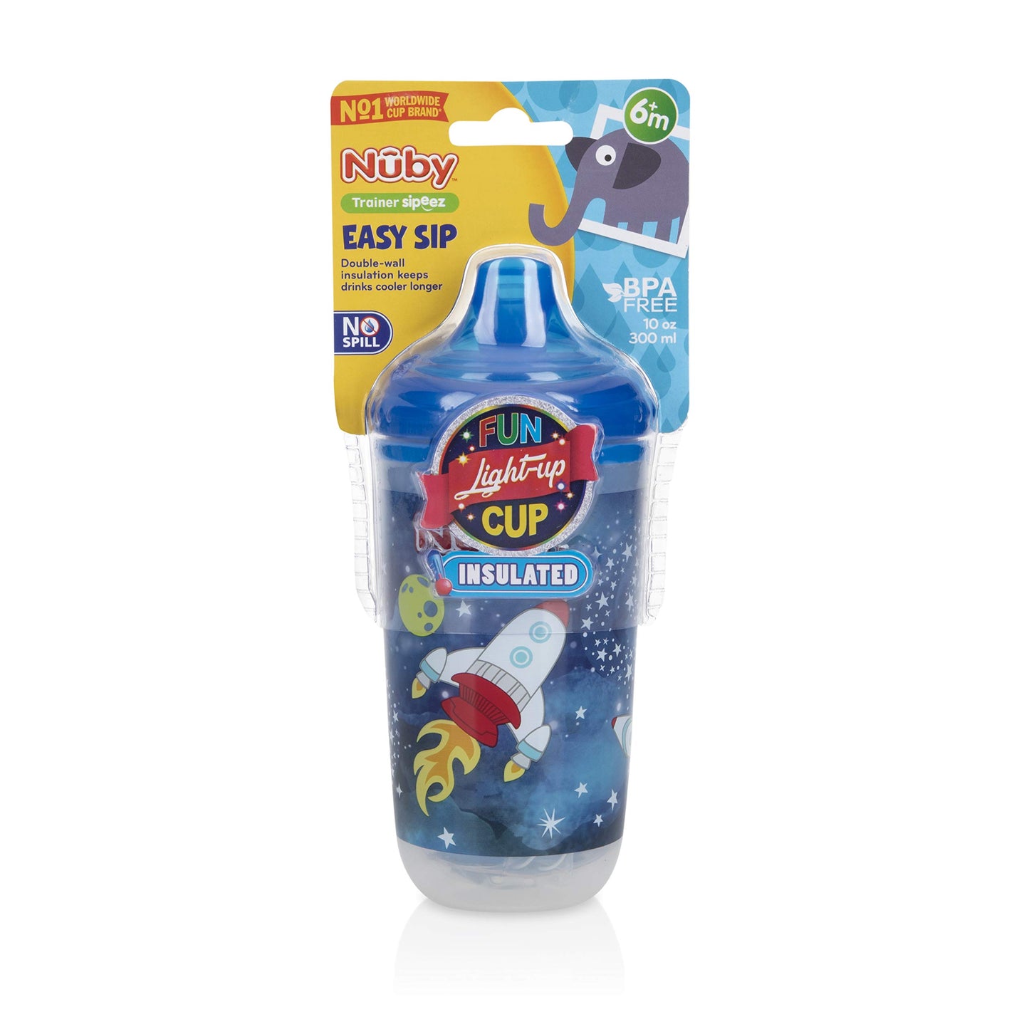 Nuby Insulated Light-Up Plastic Cup With No Spill Bite Resistant Hard Spout, 10 Oz, Blue Space