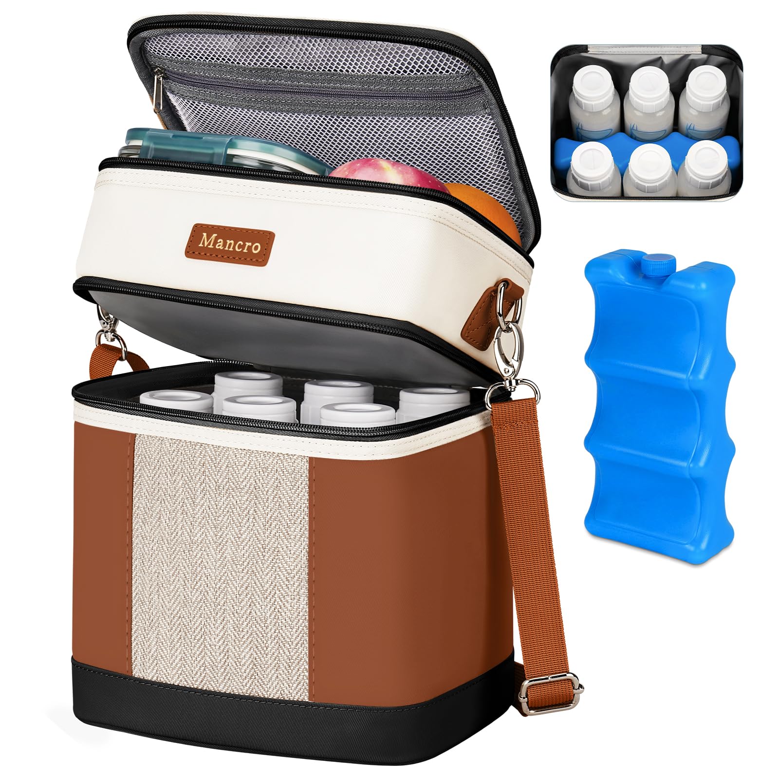 Mancro Breast milk Cooler Travel Bag Fits 6 Bottles Up to 9 Ounces,Double Layer Baby Bottle Cooler Bag with Ice Pack,Insulated B