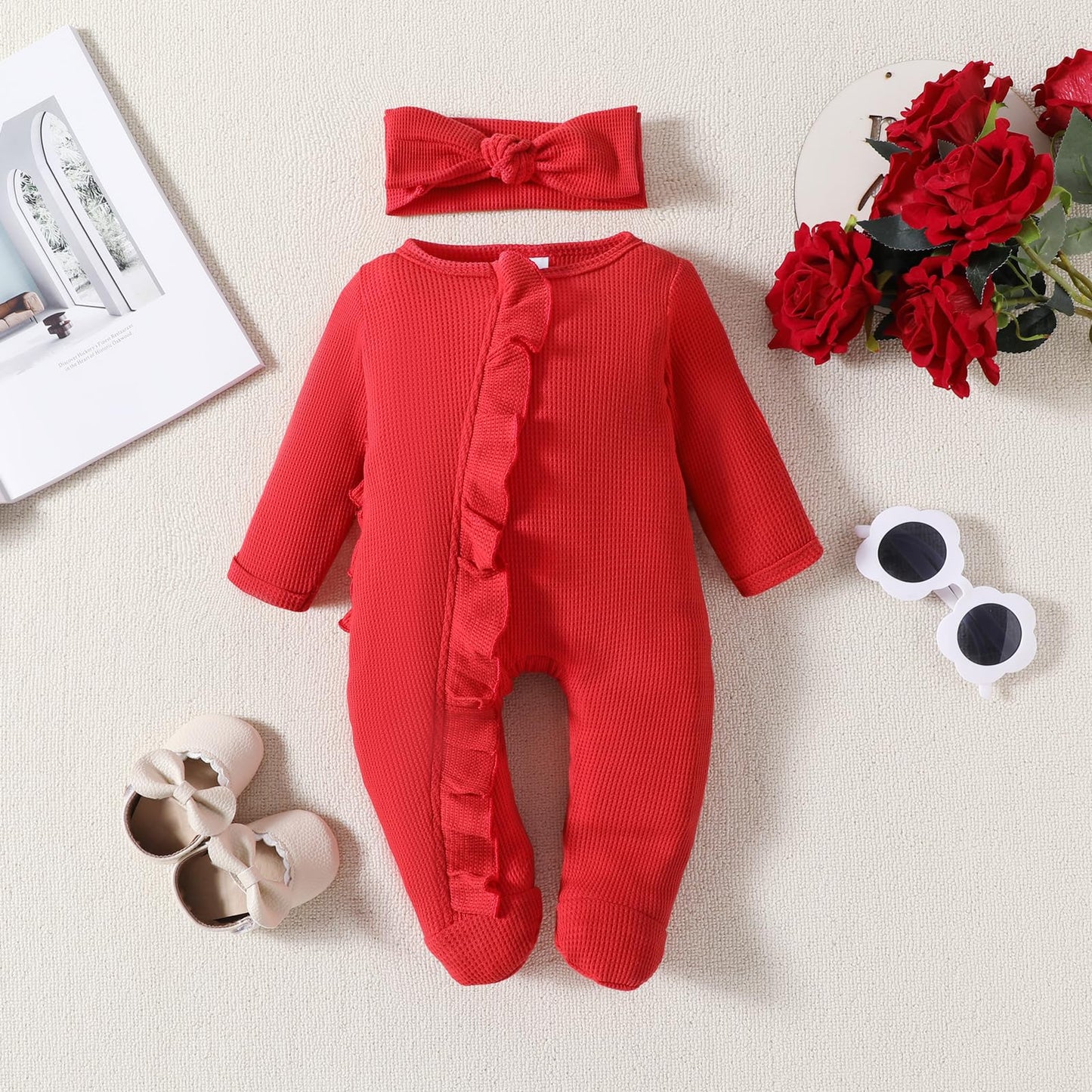 Yingisfitm Newborn Baby Girl Boy Footie Onesie Zipper Ruffle Butt Romper Jumpsuit My First Valentines Day Outfit (Red, Newborn)