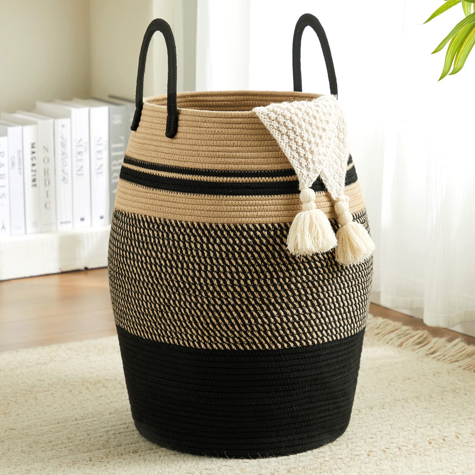 Fionas magic 65L Cotton Rope Laundry Hamper, Large Woven Tall Laundry Basket for Storage Clothes and Toy in Bedroom, Living Roo