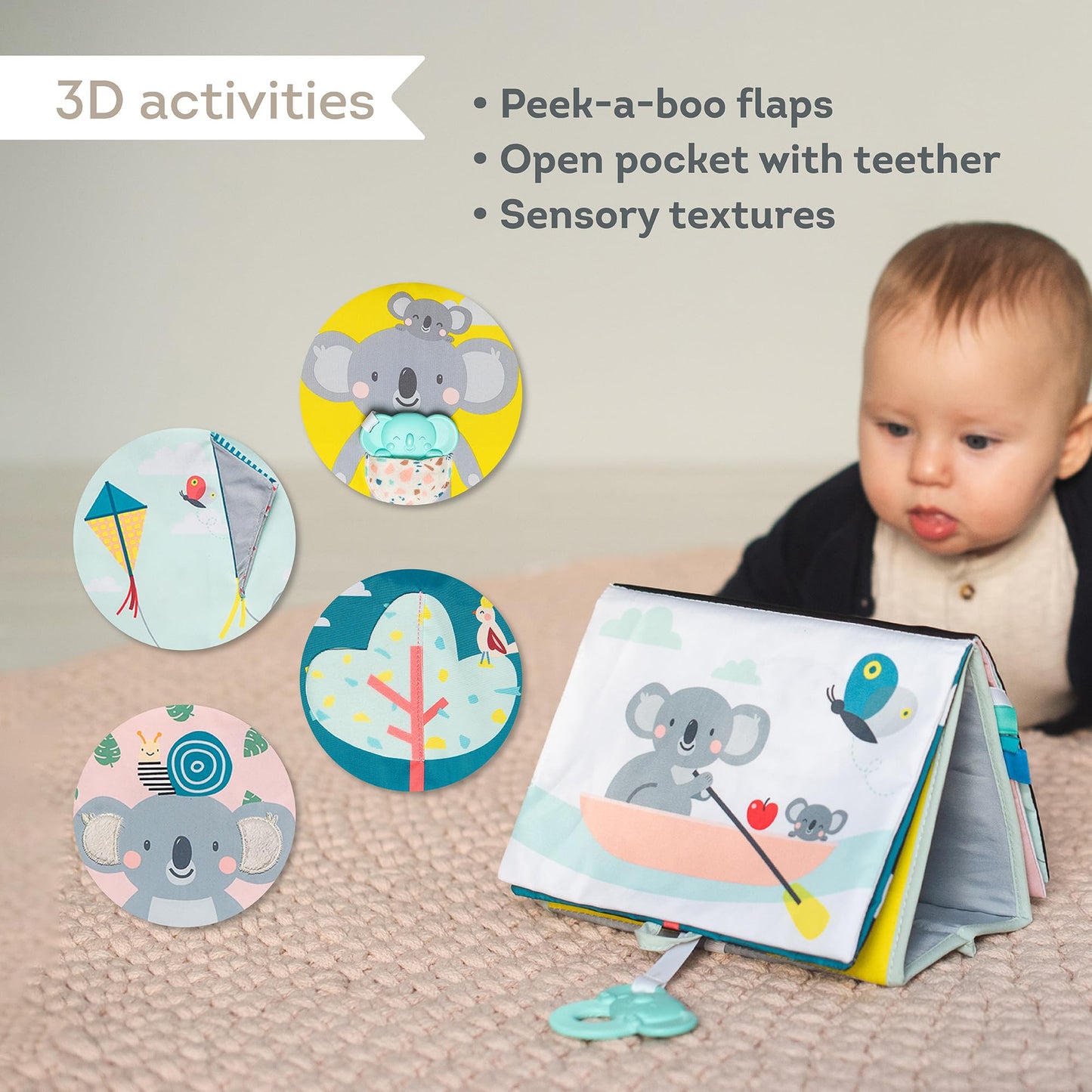 Tummy Time Toys High Contrast Baby Book. Fun, Interactive Crinkle Books for Babies with Baby Tummy Time Mirror & Soft Koala Teet