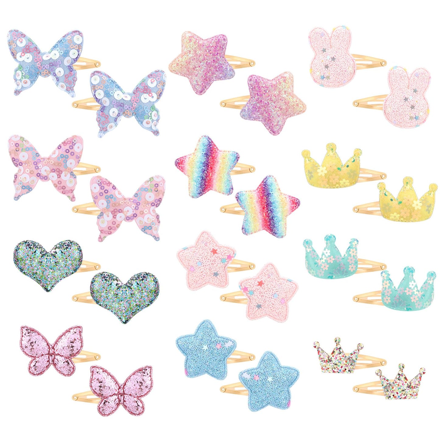 Obeoby 24 Pack Hair Clips For Girls, Star Crown Butterfly Shaped Hair Barrettes Metal Snap Hair Clips Hair Accessories For Baby