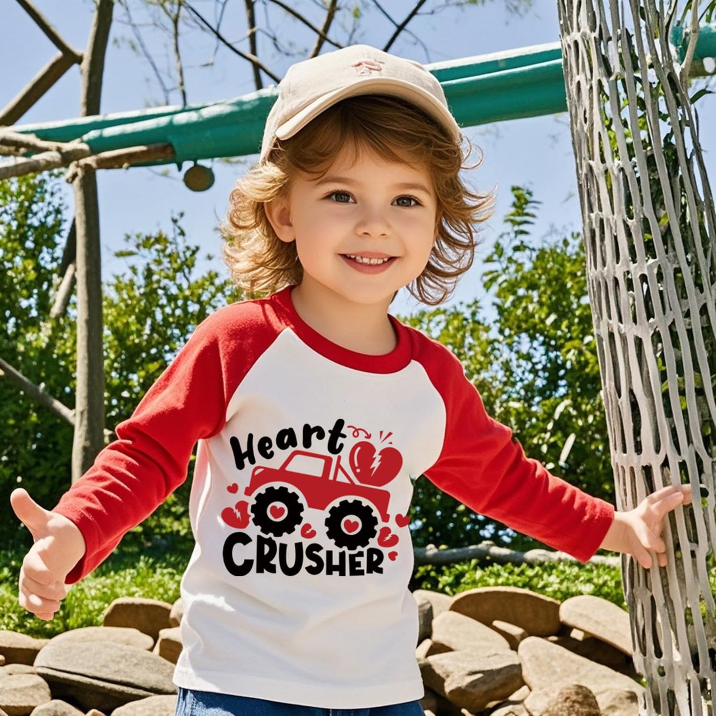 Toddler Boy Valentines Day Shirt Boys Girls Monster Truck Long Sleeve Raglan Kids Shirts For Valentines Red Tops 2T