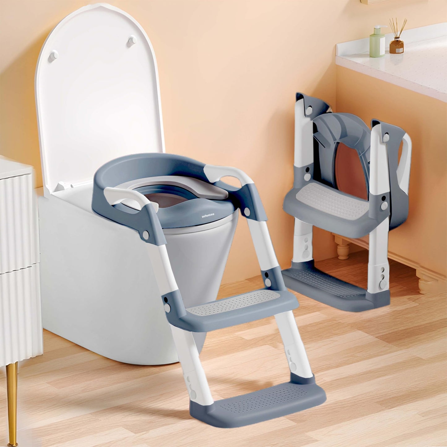 Infantso Ploopi Step Potty Trainer Seat With Ladder For Kids 15 Years|Foldable With Height Adjustment & Pu Cushion, Fits All We