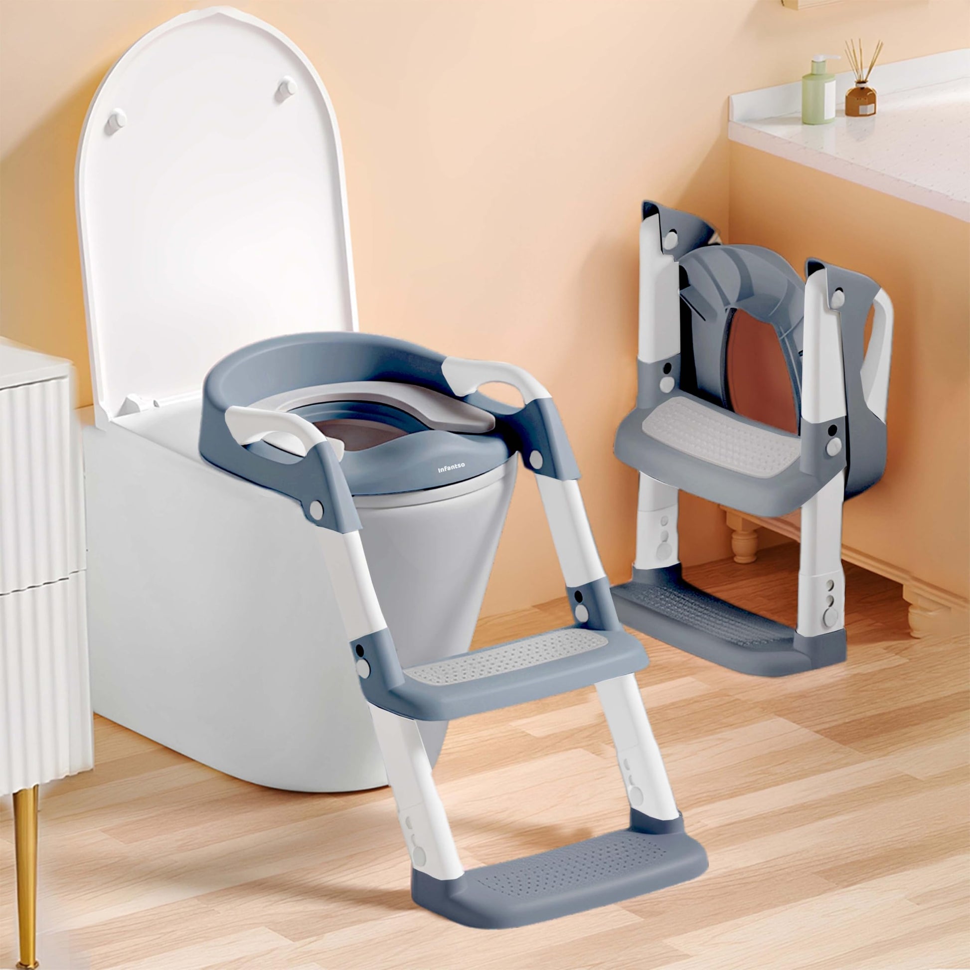 Infantso Ploopi Step Potty Trainer Seat With Ladder For Kids 15 Years|Foldable With Height Adjustment & Pu Cushion, Fits All We