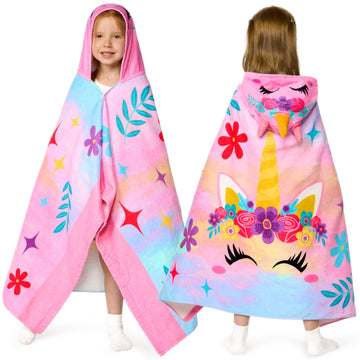 Joiedomi Unicorn Hooded Towels For Kids - Soft 100% Cotton Kids Beach Towel - 30' X 50' For 3-10 Years Boys Girls - Beach Hood