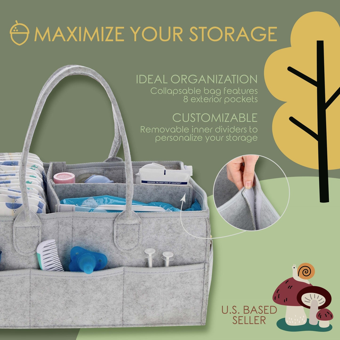 Acorn Baby Diaper Organizer Caddy Bag - Large Felt 15X9In Car And Nursery Organizer And Baby Diaper Caddy Organizer
