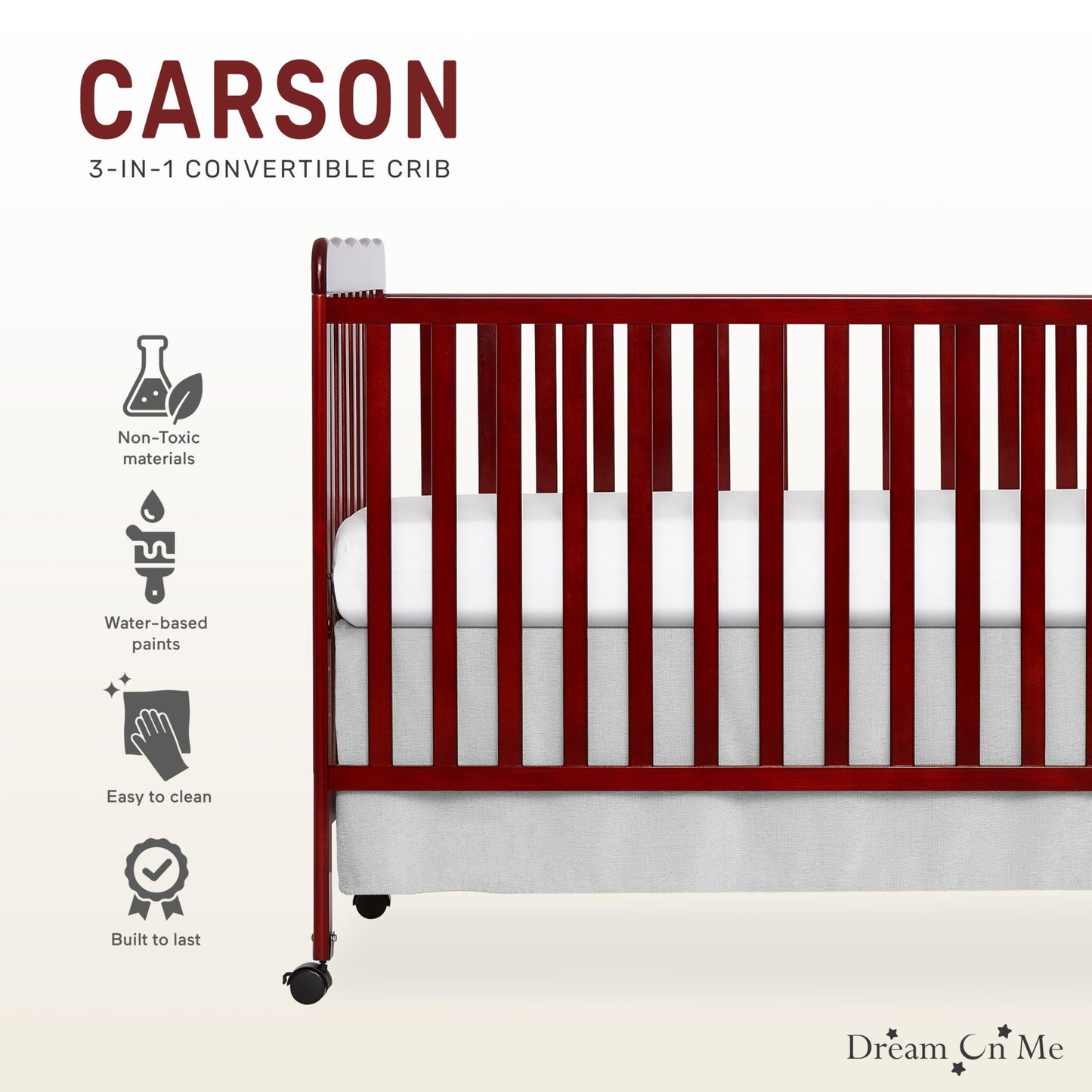Dream On Me Carson Classic 3-In-1 Convertible Crib In Cherry Greenguard Gold & Jpma Certified Baby Crib, Comes With Locking Whee