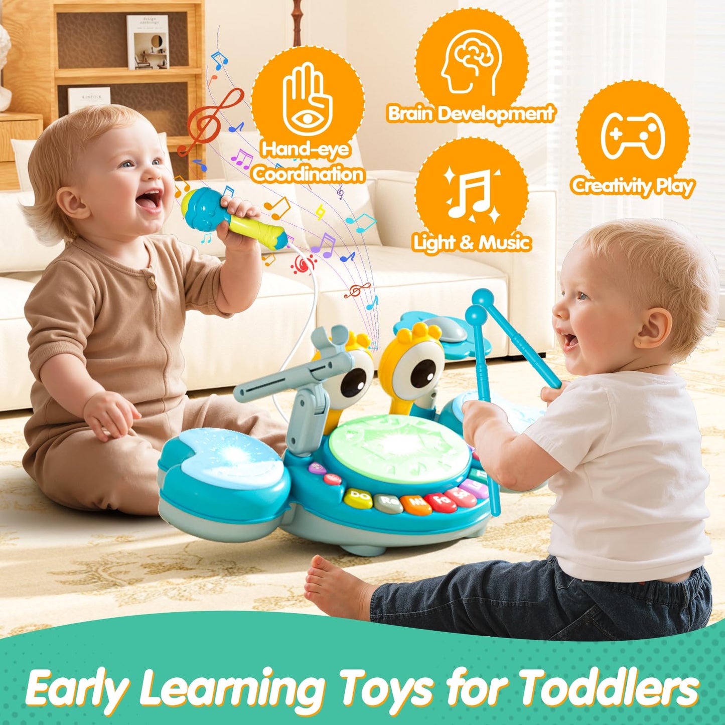 Toddler Drum Set for Kids 1-3, Baby Drum Set 1 Year Old with Light-Up Microphone, Musical Instruments Montessori Learning Toys f