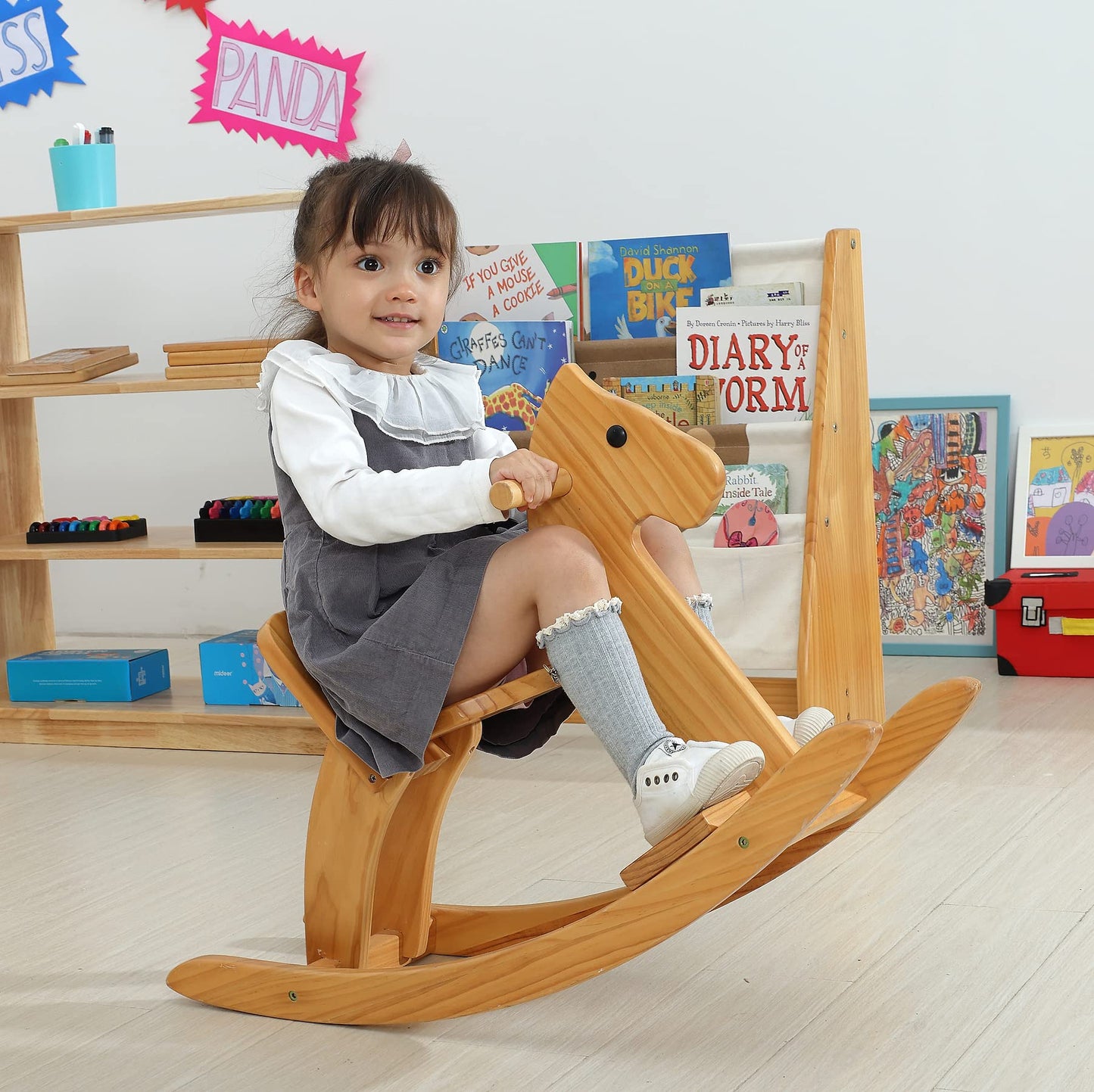 KRAND Rocking Horse Wooden Ride On Toy for Kids Classic Design Rocking Horse with Pedal and Safe Backrest Fine Workmanship(Class