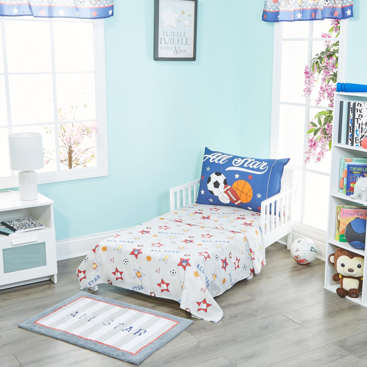 Everyday Kids 4 Piece Toddler Bedding Set - Jungle Sports - Soft 100% Cotton Percale - Includes Comforter, Flat Sheet, Fitted Sh