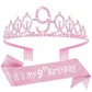 Canitor 9th Birthday Decorations for Girls Birthday Girl Crown Tiara & Glitter Sash Set for 9 Year Old Girl Gift Headband Hat