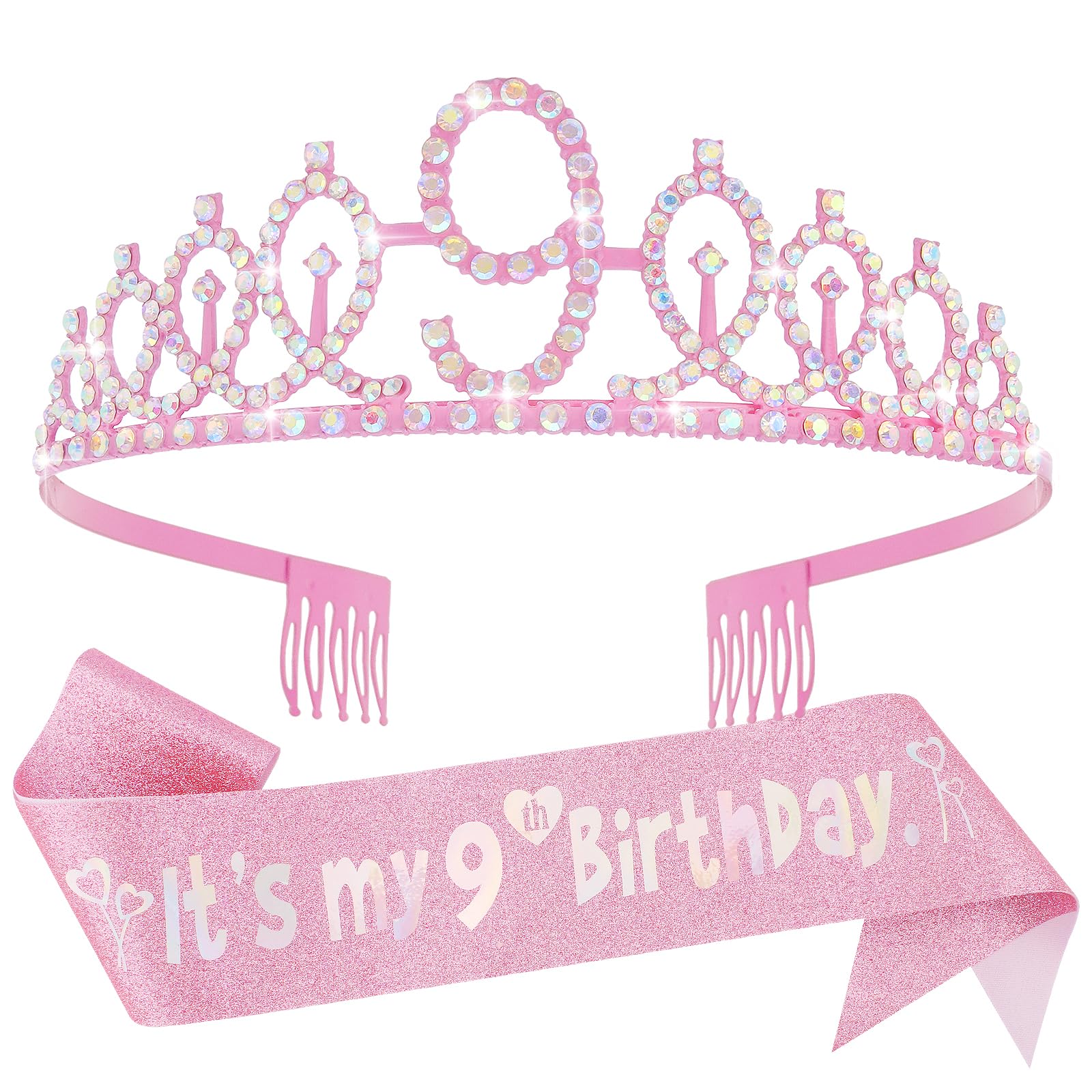 Canitor 9th Birthday Decorations for Girls Birthday Girl Crown Tiara & Glitter Sash Set for 9 Year Old Girl Gift Headband Hat