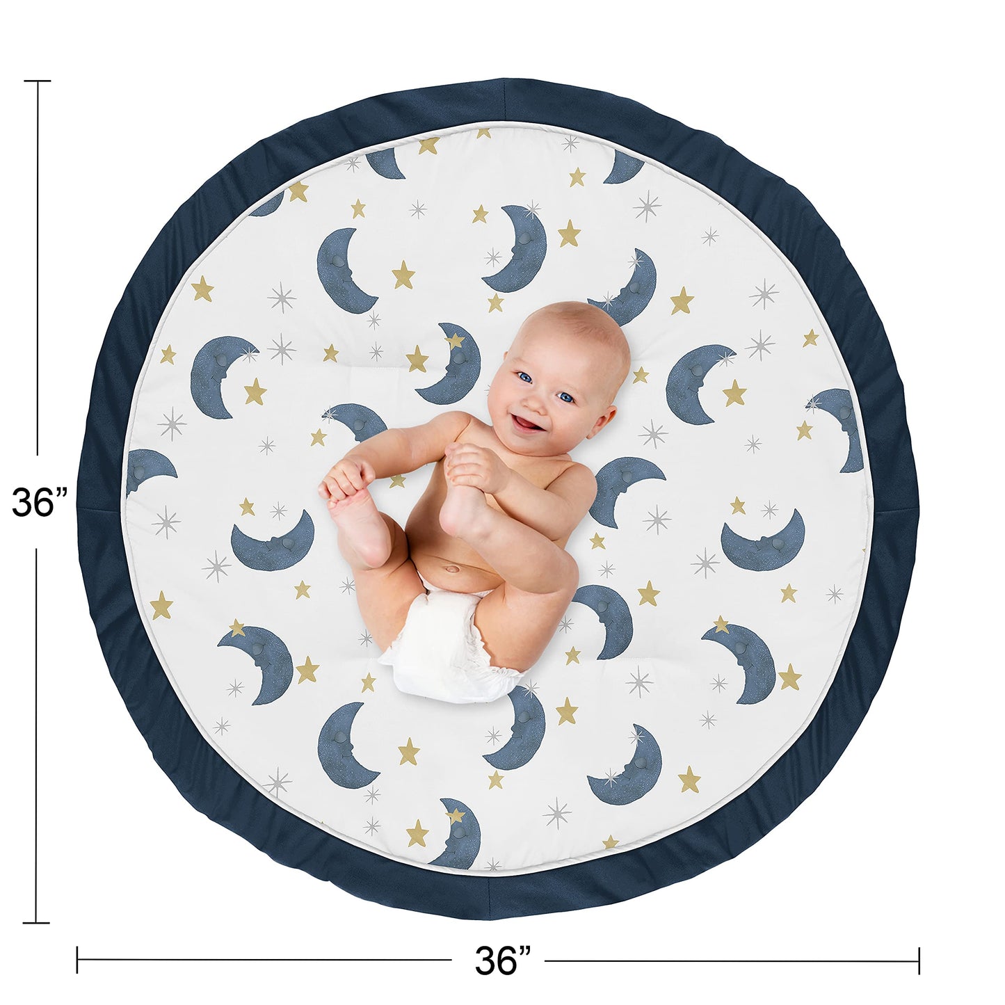 Sweet Jojo Designs Moon And Star Boy Or Girl Baby Playmat Tummy Time Infant Play Mat - Navy Blue And Gold Watercolor Celestial S