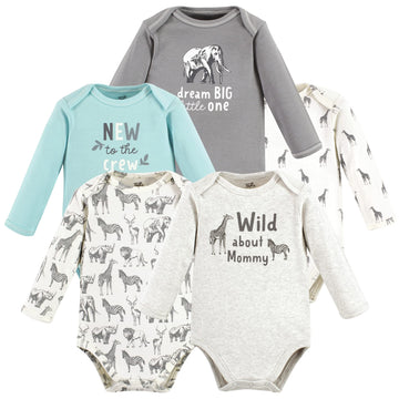Touched By Nature Unisex Baby Organic Cotton Long-Sleeve Bodysuits, Neutral Safari, 18-24 Months