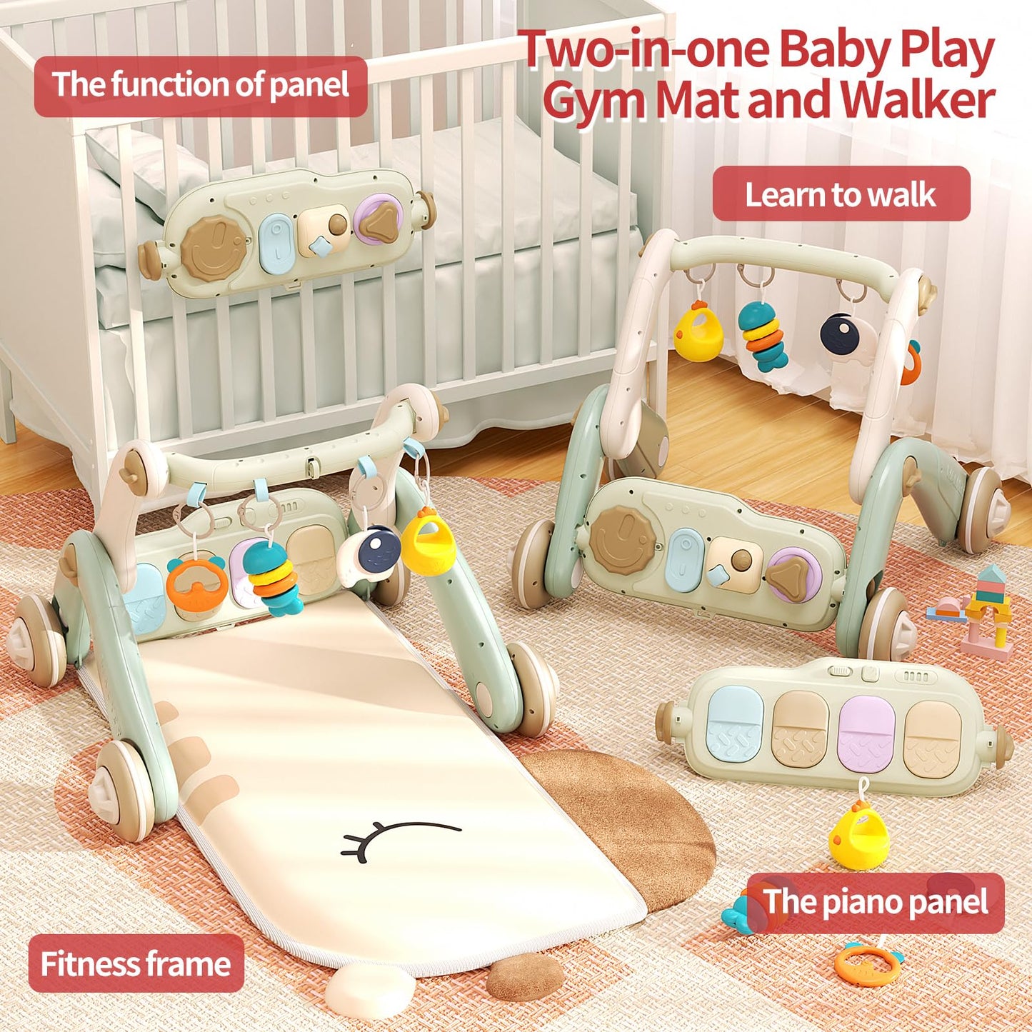 Jovow 2 In 1 Baby Gym With Walker,Baby Play Mat With 4 Infant Learning Sensory,Double-Sided Multifunctional Removable Play Piano