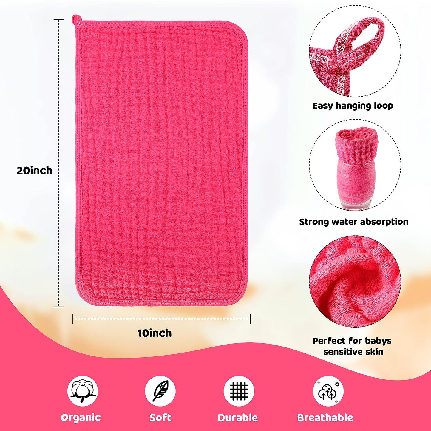 Tatuo 8 Pieces Baby Muslin Bibs & Burp Cloths, 20 X 10 Inch (Simple Color)