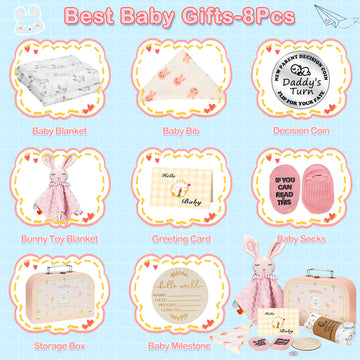 Baby Girl Gift Basket, 8Pcs Baby Girl Gifts Newborn Gift Set, Cute & Practical Baby Girl Newborn Essentials Gift Basket Set, War