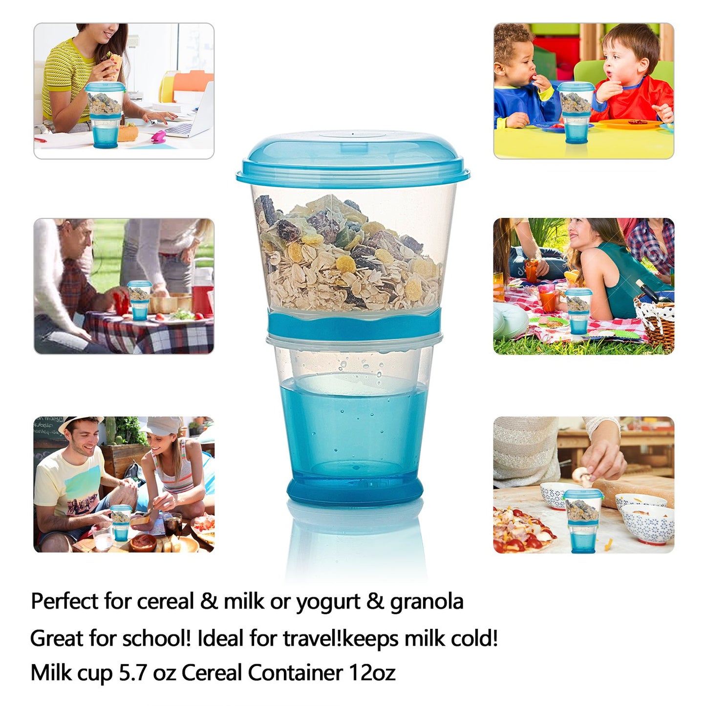 Inogih Cereal On The Go Cups Breakfast-Portable Drink-Cup Cereal To-Go Container-Cup With Spoon (Blue)