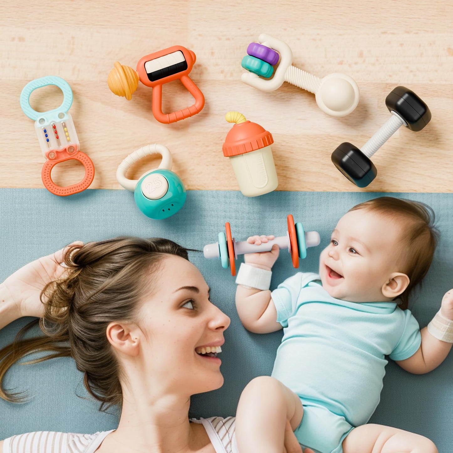iPlay, iLearn Baby First Gym Rattle Set, Infant Dumbbell Weights Teething Rattles 3-6-12 Month, Newborn Workout Sensory Stroller