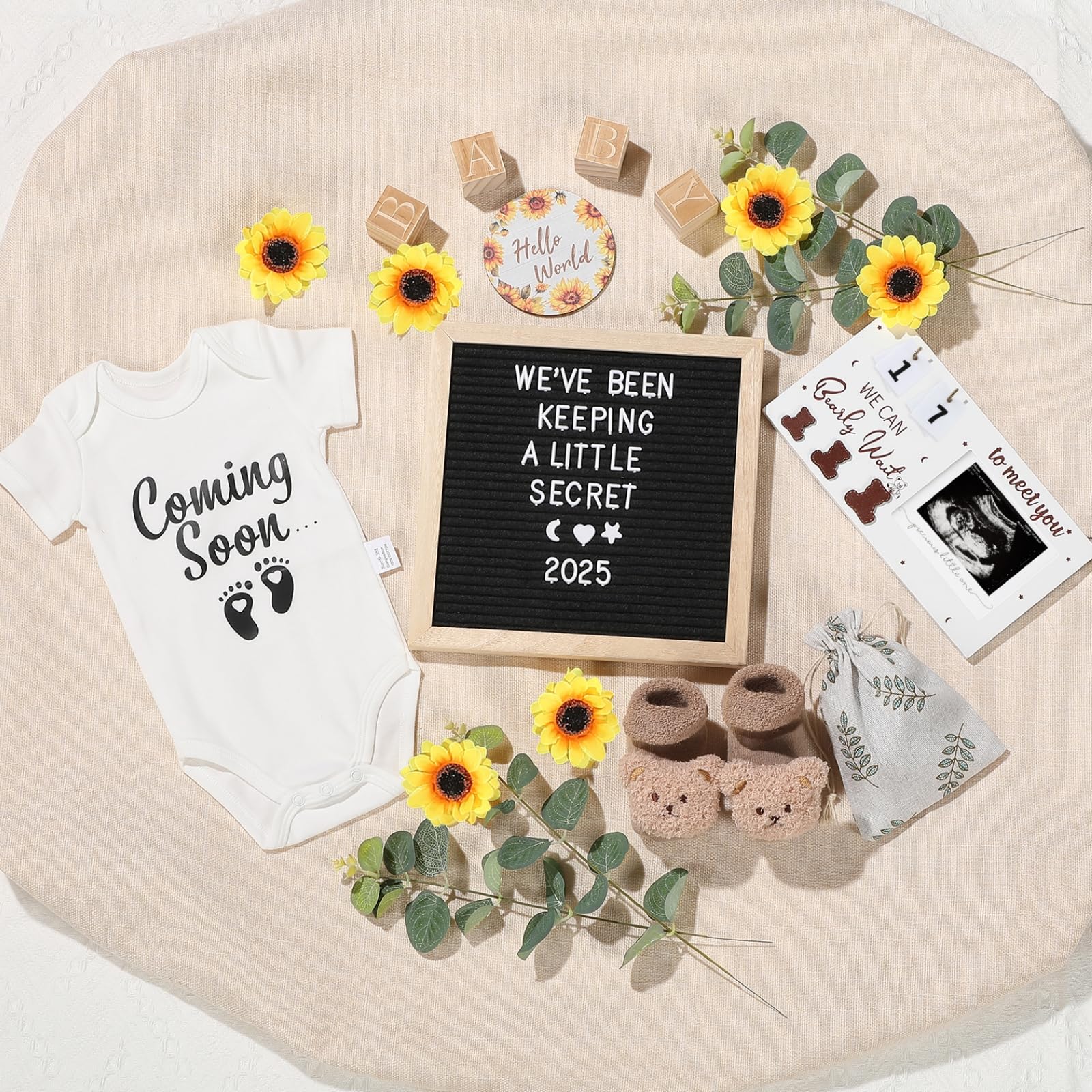 11 Pcs Pregnancy Announcement Set, Pregnancy Reveal Ideas Include Felt Letter Board Sonogram Picture Frame Baby Bodysuit Baby So