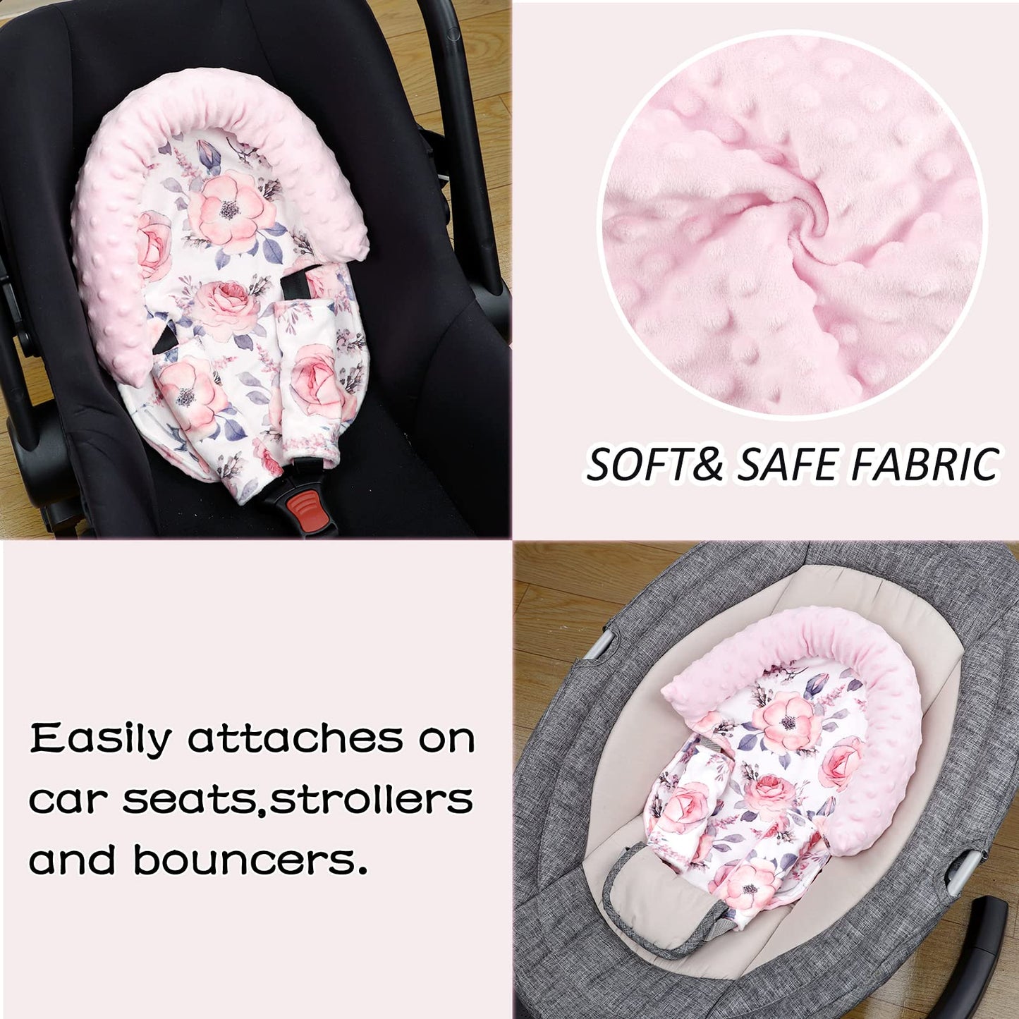 Baby Carseat Headrest, Minky Baby Head Support Girls, Floral Infant Car Seat Insert, Newborn Cushion For Strollers, Pink Flower