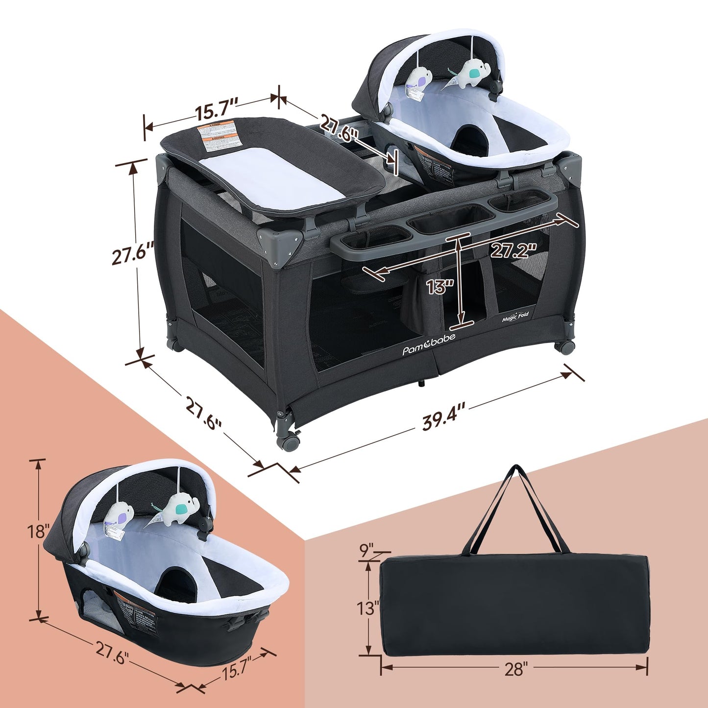 Pamo Babe Magic Fold Playpen Portable Cribs Foldable Playpen Baby Playard One-Hand Folding Playards With Sleep Nest Newborn Bass