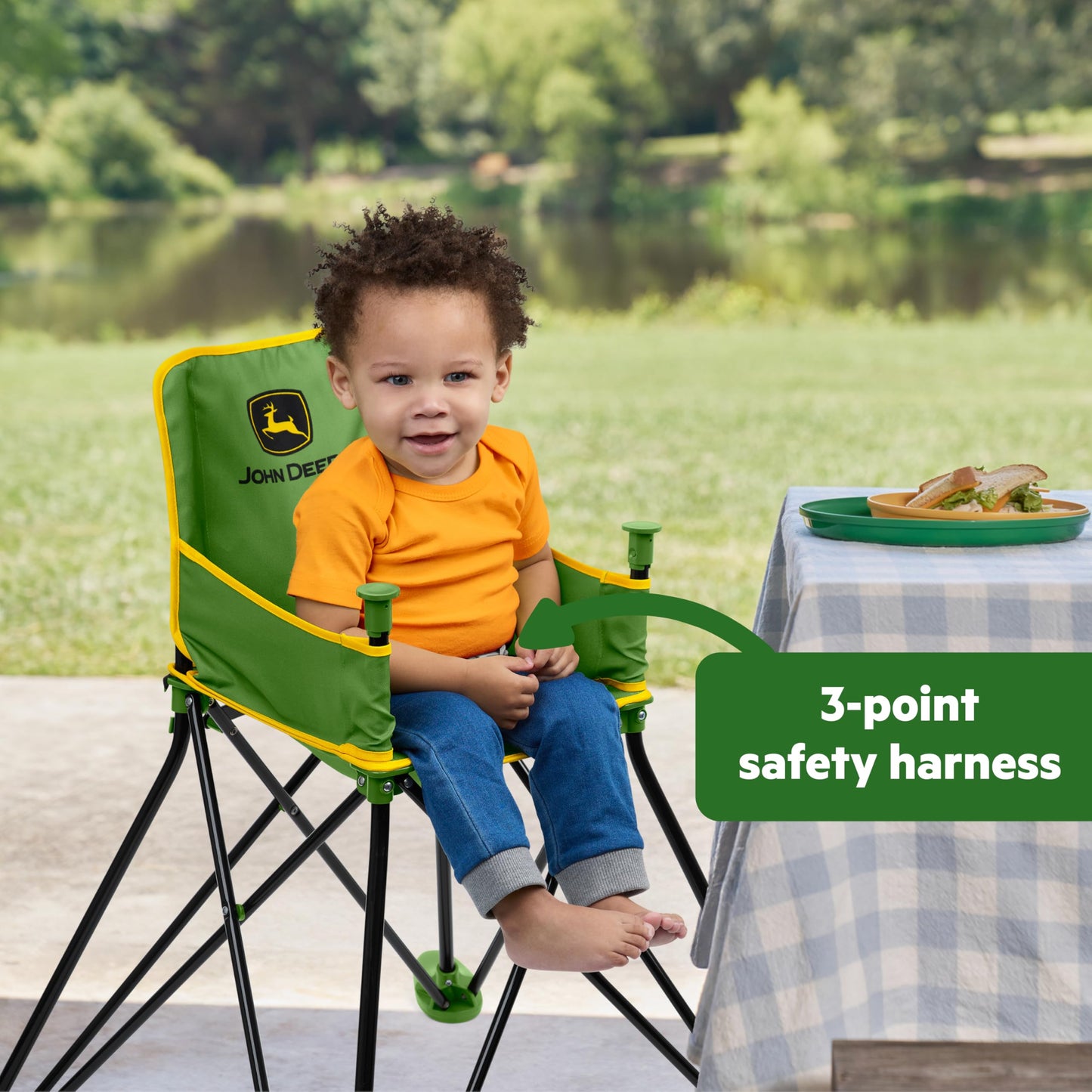 Bright Starts John Deere Pop N Dine Portable High Chair, Indoor/Outdoor, Dishwasher Safe Tray, Easy to Fold, Unisex, Green, 6 M