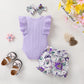 Tiny Cutey Baby Girl Clothes Infant Summer Outfits Set Ruffle Sleeve Romper And Floral Shorts With Headband (Lilac Romper+Purple