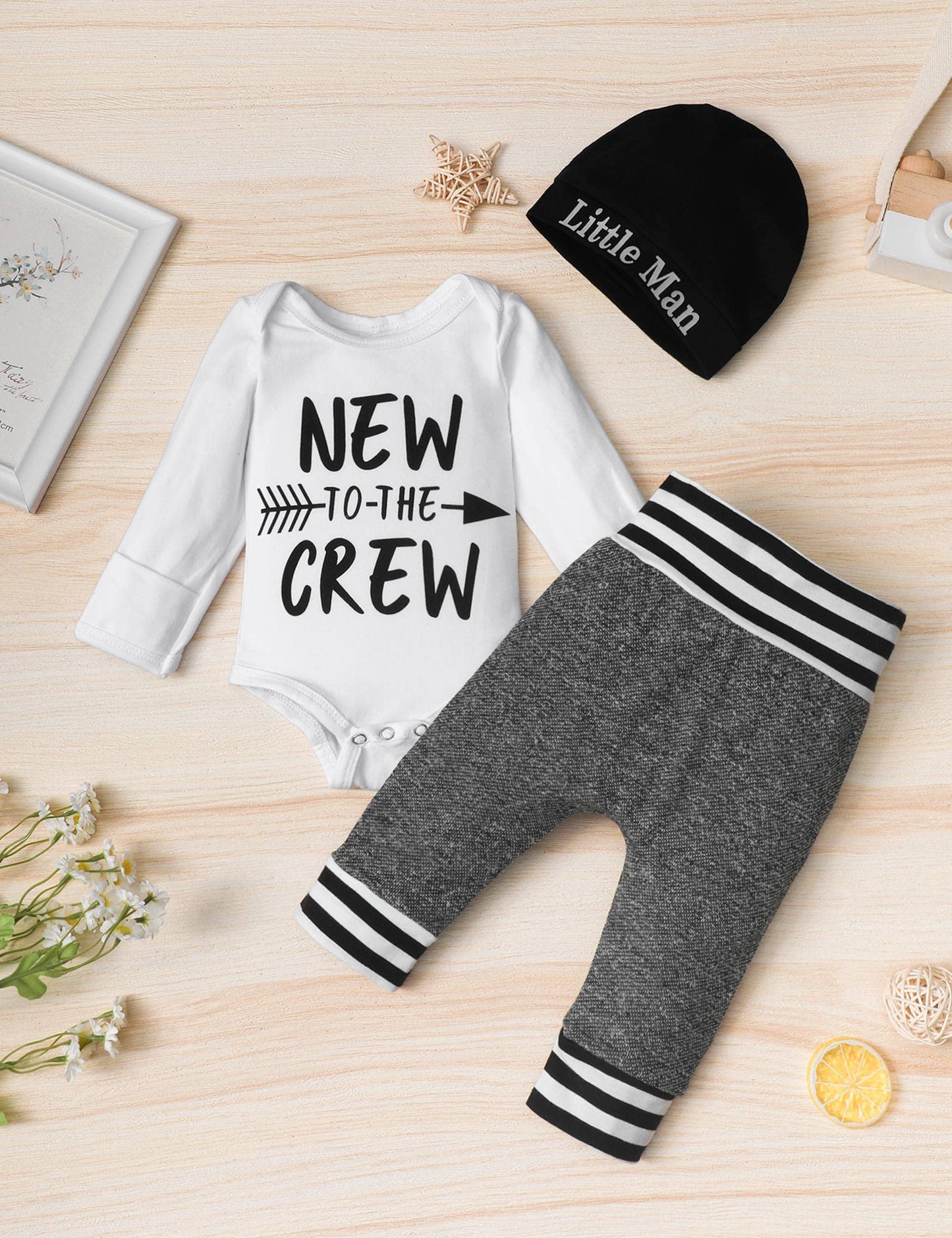 Baby Boy Clothes Preemie Clothes Boys Baby Outfits New To The Crew Print Romper Long Pants Little Man Hat 3Pcs Cute Baby Boy Out