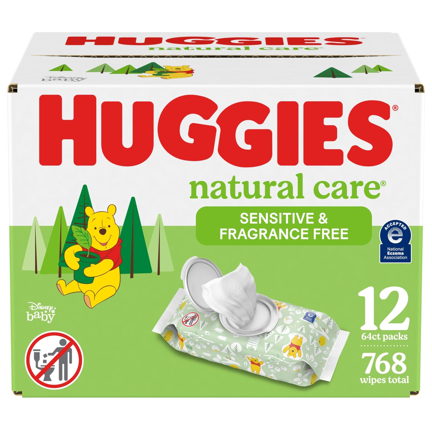 Huggies Natural Care Sensitive Baby Wipes, Unscented, Hypoallergenic, 99% Purified Water, 12 Flip-Top Packs (768 Wipes Total), P