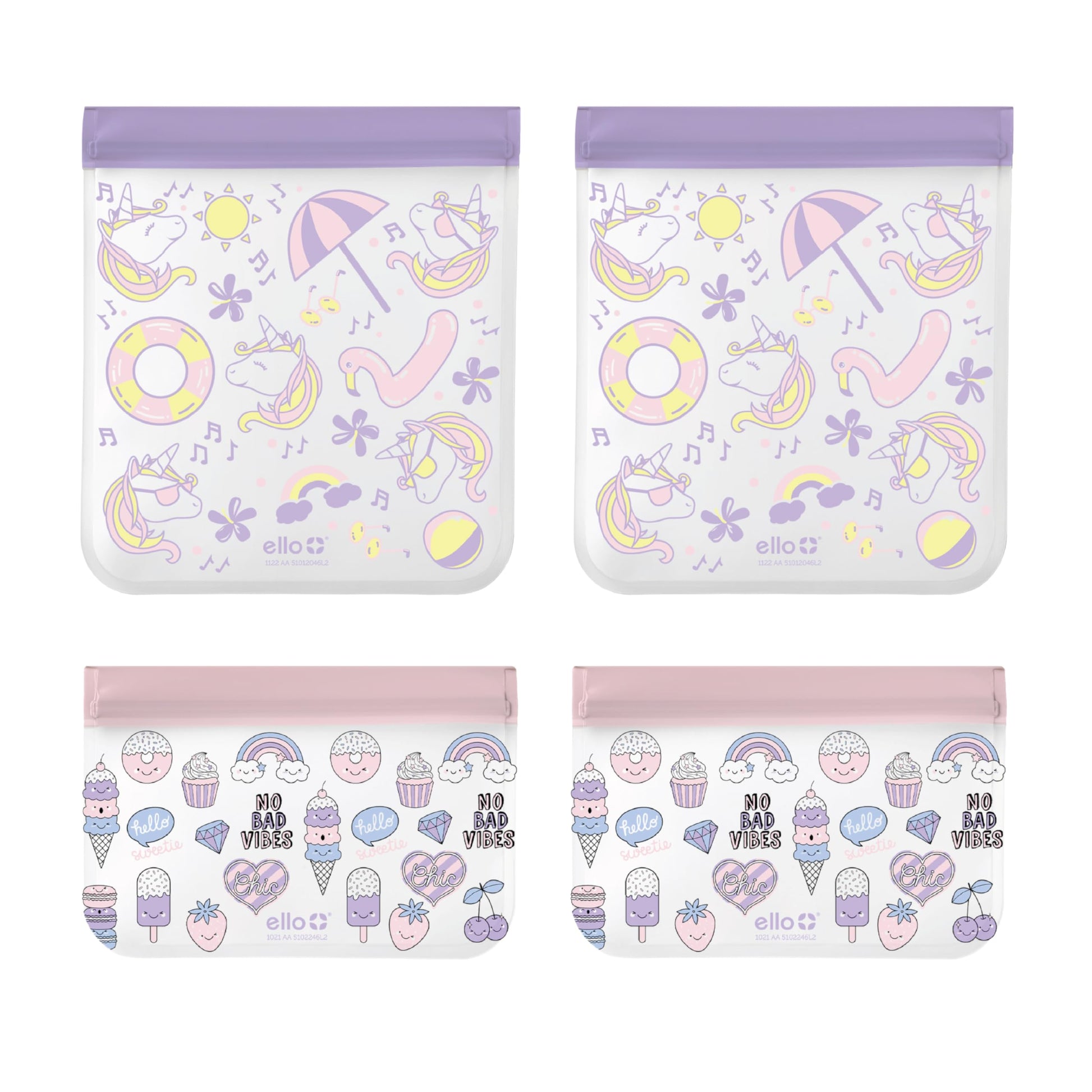 Ello 4 Pack Reusable Food Storage Bags, Resealable BPA-Free, Food-Safe PEVA, Feezer Safe and Leak-Proof, Unicorn and Ice Cream