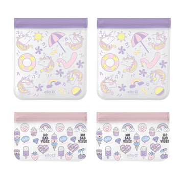 Ello 4 Pack Reusable Food Storage Bags, Resealable BPA-Free, Food-Safe PEVA, Feezer Safe and Leak-Proof, Unicorn and Ice Cream