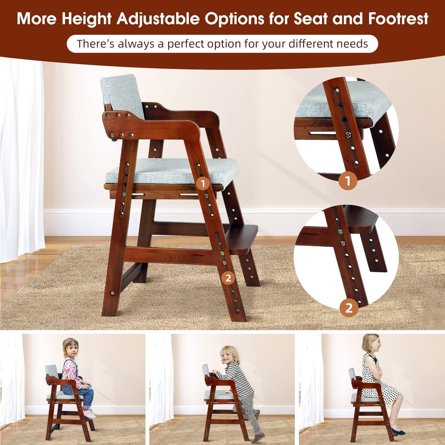 Ezebaby Wooden High Chair For Toddlers To Teens, Adjustable Kids Study Chair With Steps, Kids Dining Chair With Removable Cushio