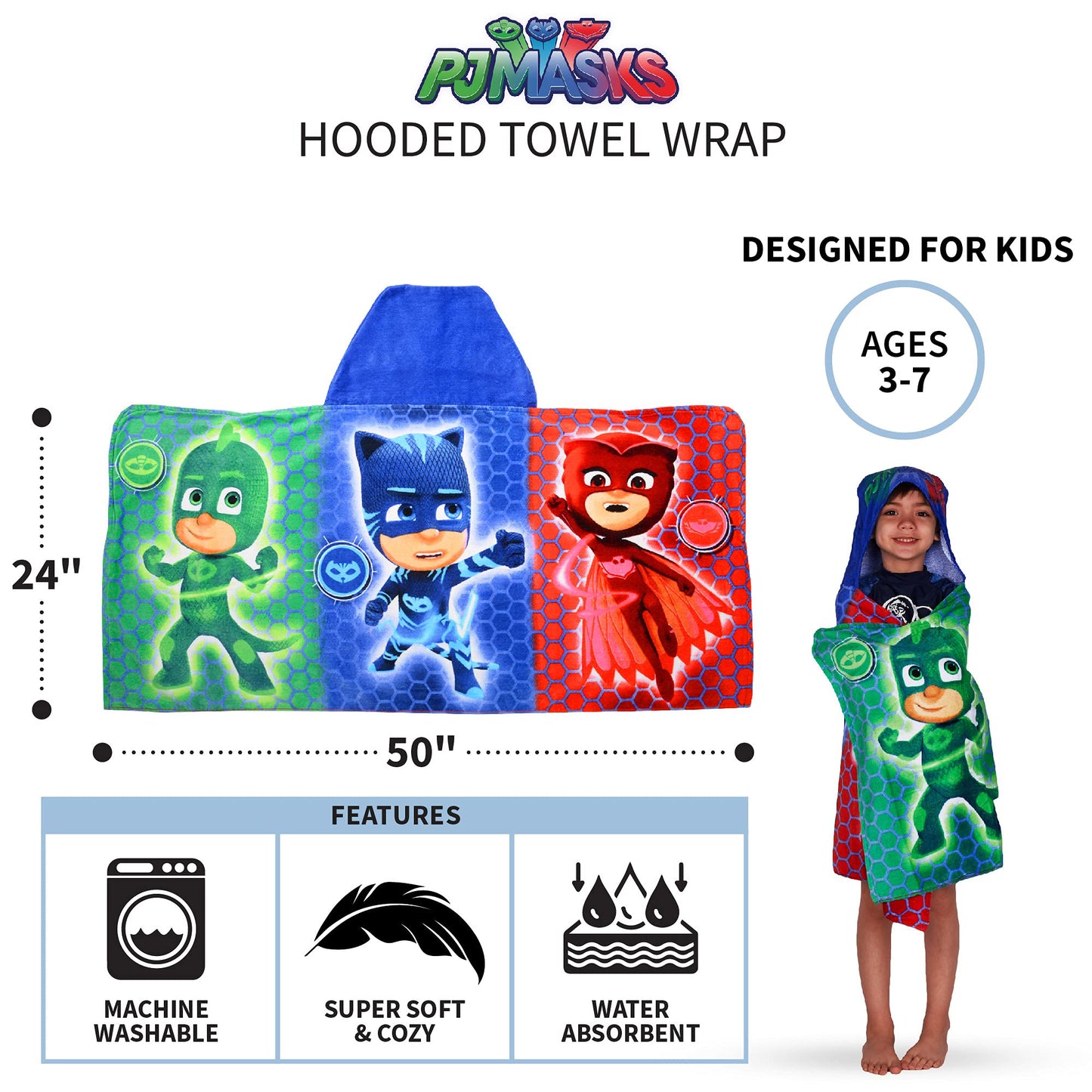 Pj Masks Bath/Pool/Beach Soft Cotton Terry Hooded Towel Wrap, 24' X 50', By Franco Kids