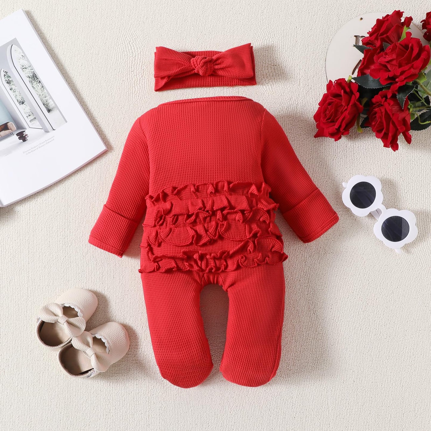 Yingisfitm Newborn Baby Girl Boy Footie Onesie Zipper Ruffle Butt Romper Jumpsuit My First Valentines Day Outfit (Red, 6-12 Mont