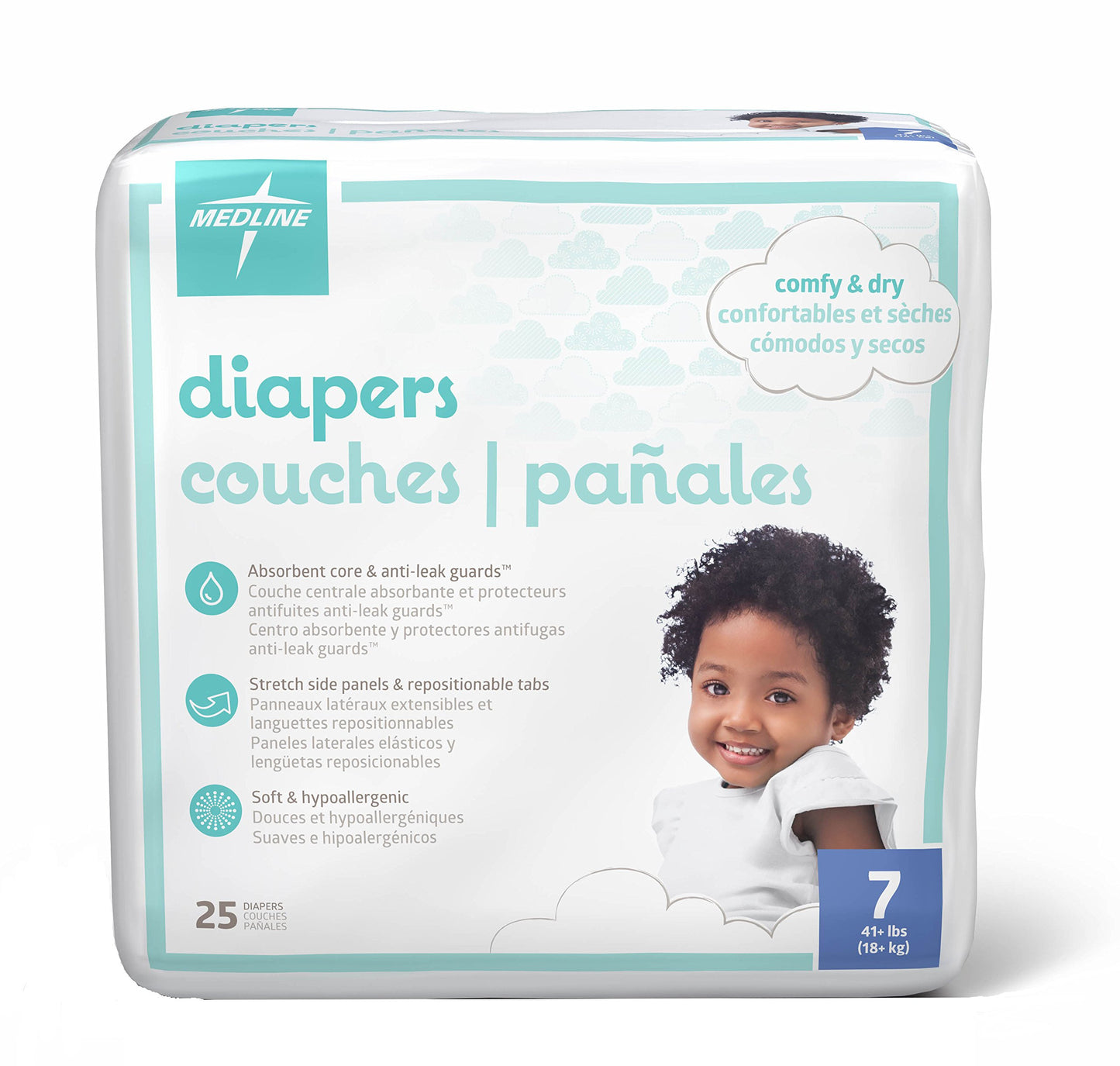 Medline Premium Disposable Baby Diapers, Absorbent & Ultra-Soft For Delicate Skin, Size 7 (41+ Lbs), Pack Of 25