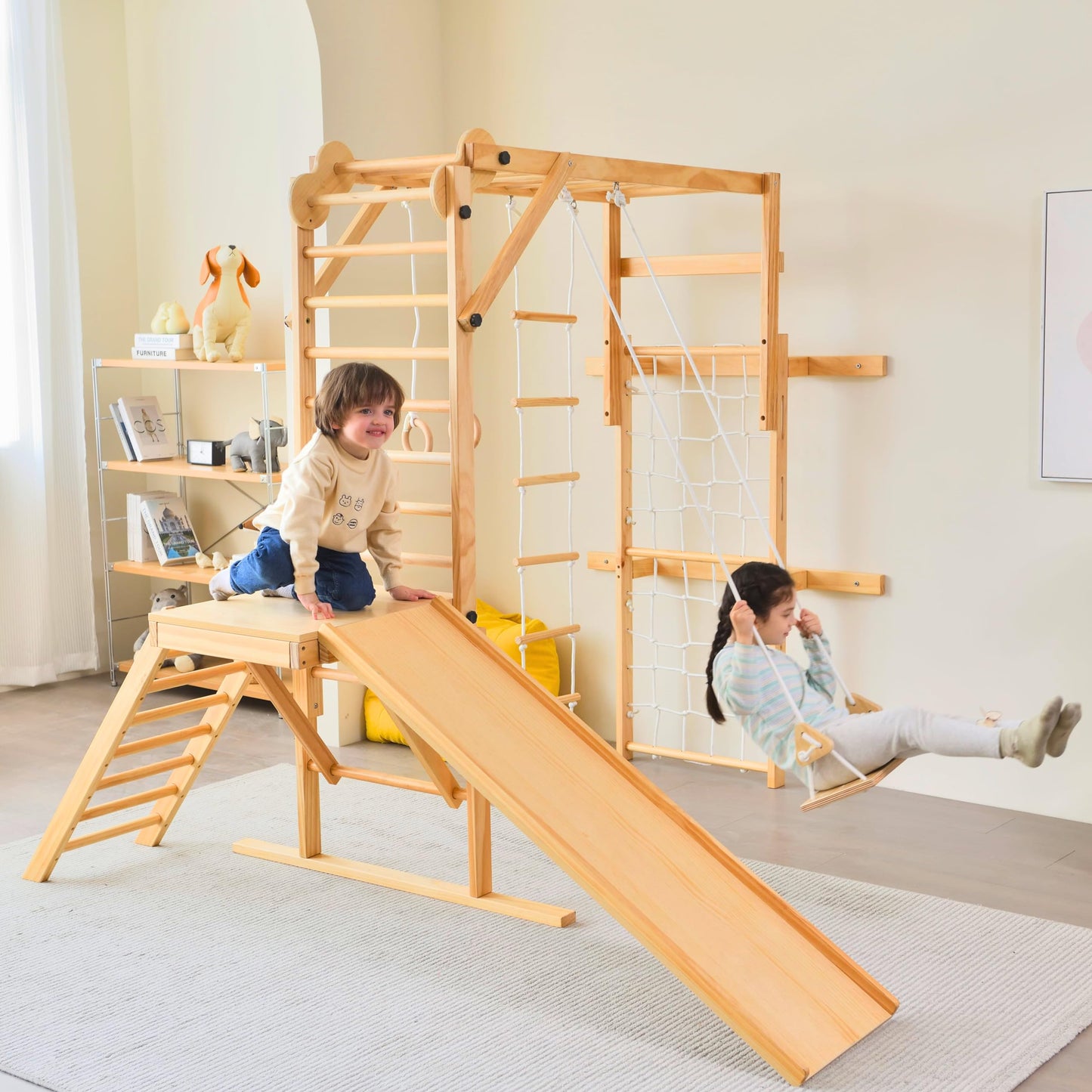 Avenlur Grove 8-In-1 Indoor Jungle Gym With Gymnastic Rings, Climbing Rope, Swing, Slide, Monkey Bars, Rope Wall Net, And Wooden
