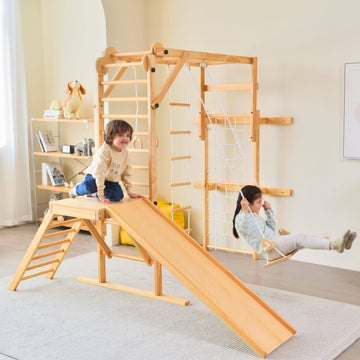 Avenlur Grove 8-In-1 Indoor Jungle Gym With Gymnastic Rings, Climbing Rope, Swing, Slide, Monkey Bars, Rope Wall Net, And Wooden