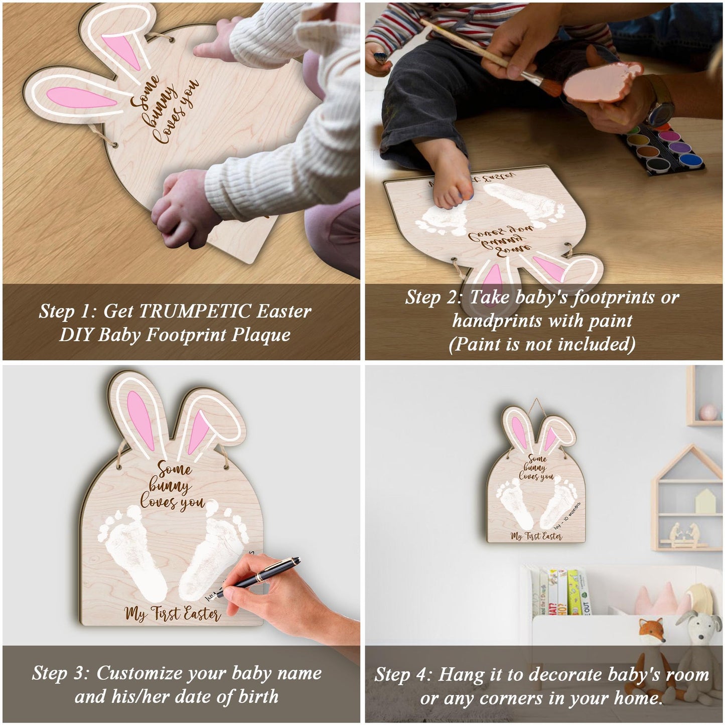 Baby'S First Easter Bunny Footprint Diy Wooden Hanging Sign, Baby'S 1St Easter Art Craft Gifts, My First Holiday Milestone Sign,