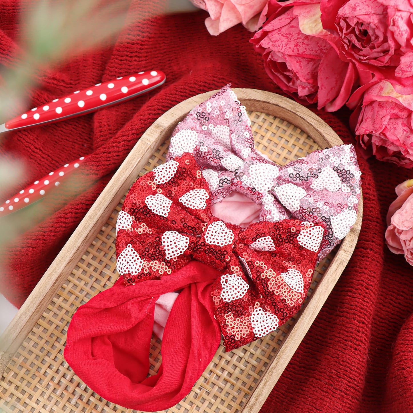 Lanmerry Heart Baby Bow Headbands Sequin Bows Red Pink Glitter Hair Bow For Girls Toddler Red Pink Baby Headband Bows 6-12 Month