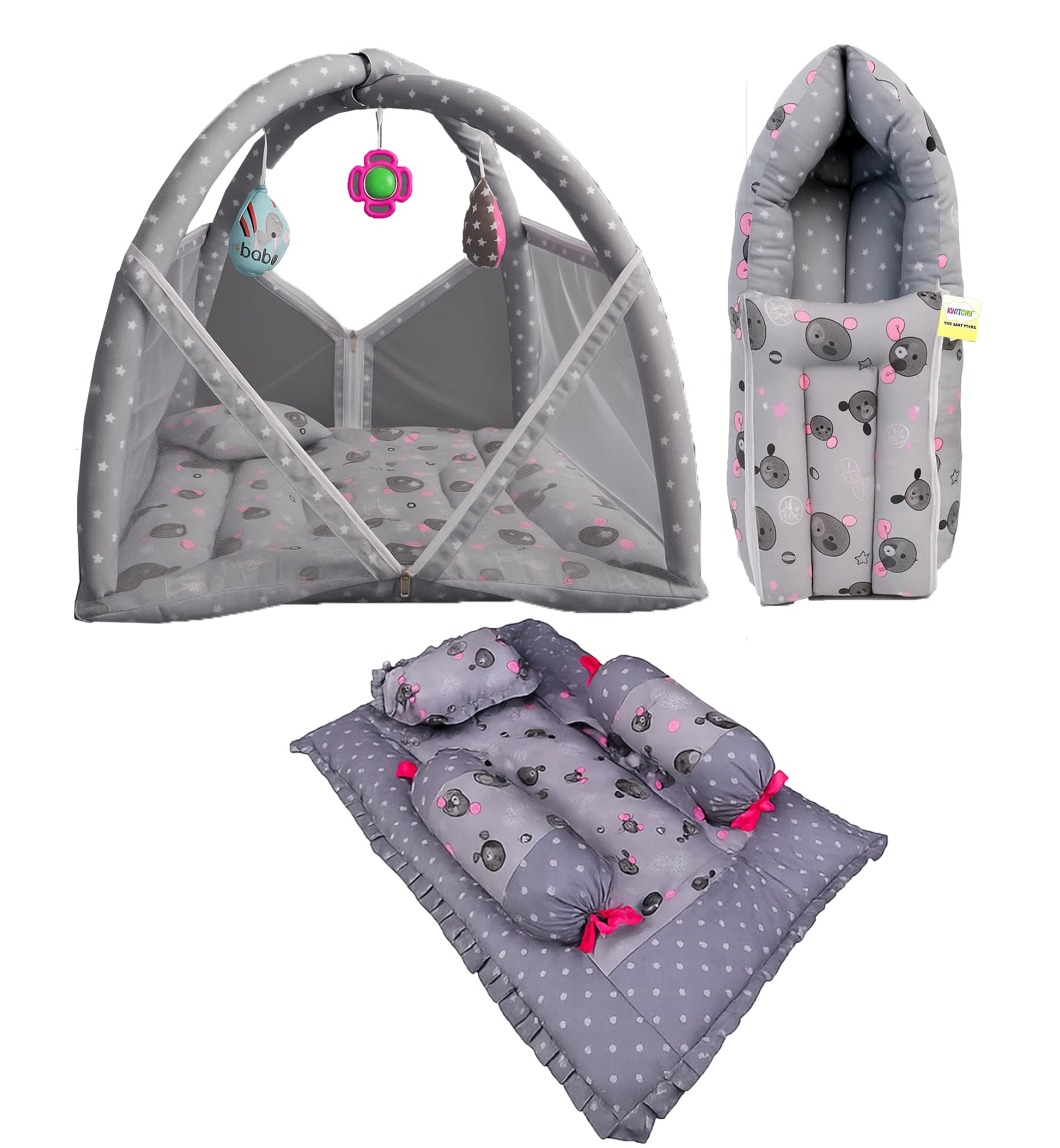 Kwitchy Bedding Set New Born Baby Bed | Net Bed Infants Mattress Play Gym | Gadda Set | Carry (Grey, 06 Months)