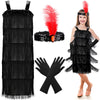 4 Pieces Girl'S 20S Flapper Dresses Costume Set Feather Headband Fringed Dresses Gloves For Halloween Party(One Size, Silver)