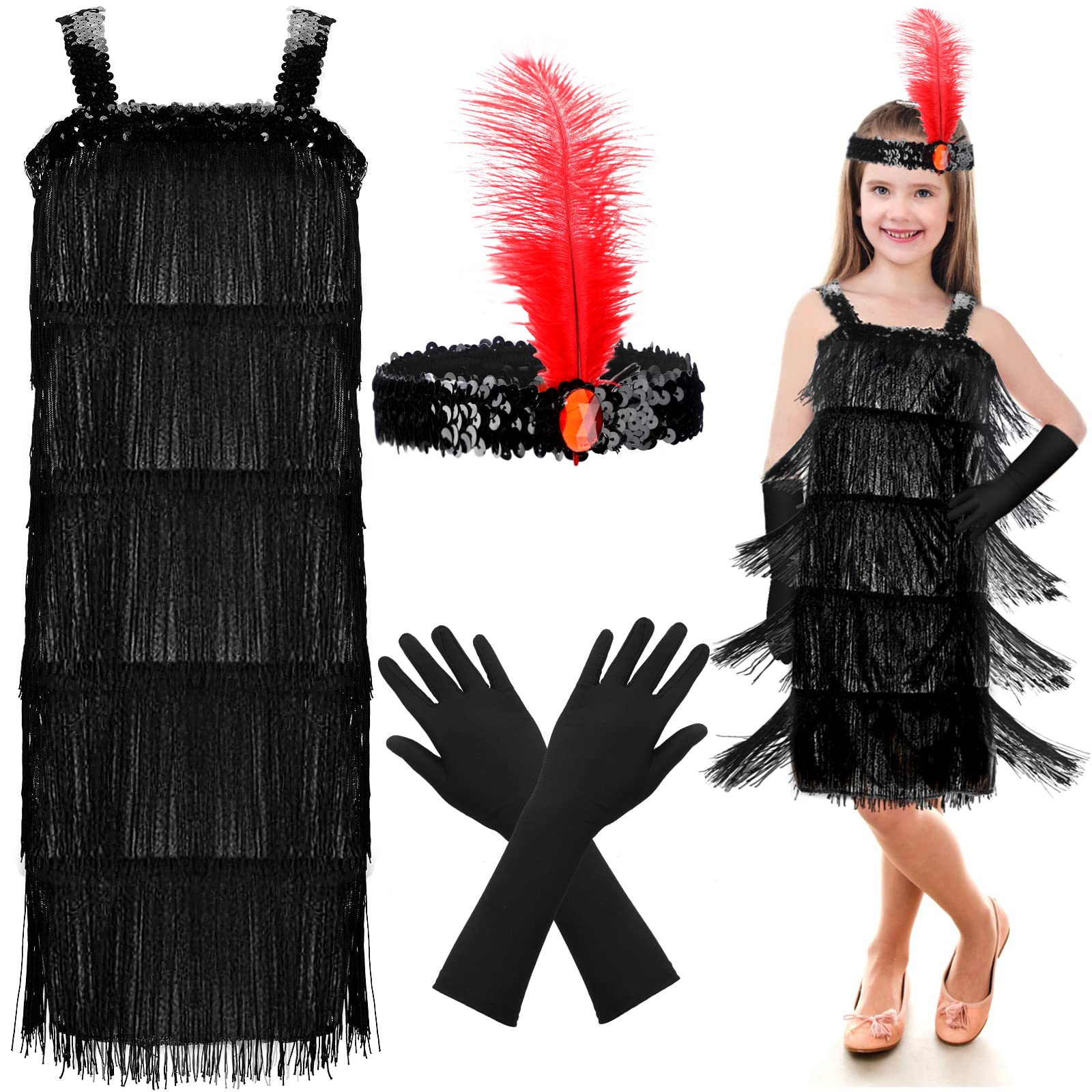 4 Pieces Girl'S 20S Flapper Dresses Costume Set Feather Headband Fringed Dresses Gloves For Halloween Party(One Size, Silver)