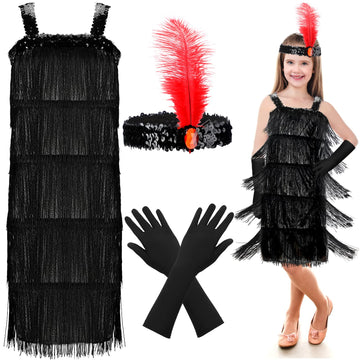 4 Pieces Girl'S 20S Flapper Dresses Costume Set Feather Headband Fringed Dresses Gloves For Halloween Party(One Size, Silver)