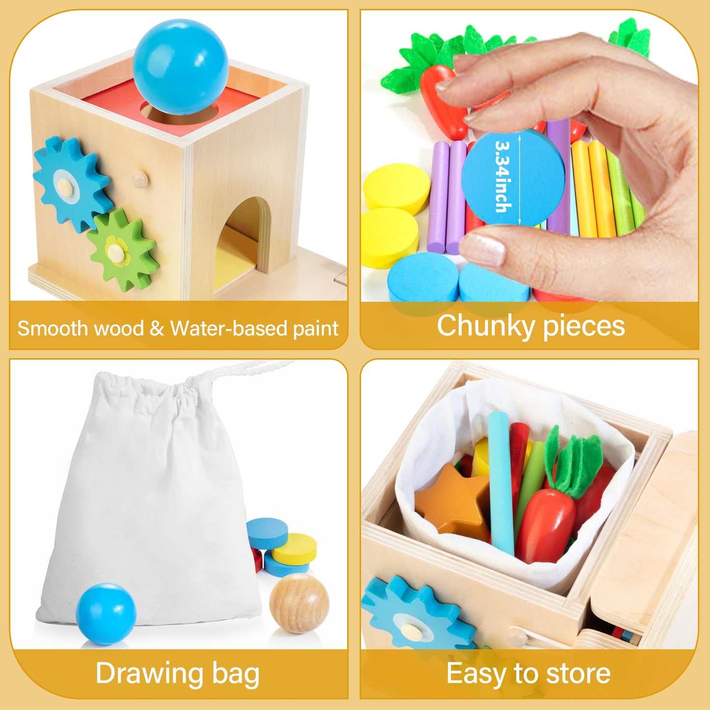 Kizfarm Wooden Montessori Baby Toys, 8-in-1 Wooden Play Kit Includes Object Permanent Box, Coin Box, Carrot Harvest, Shape Sorti