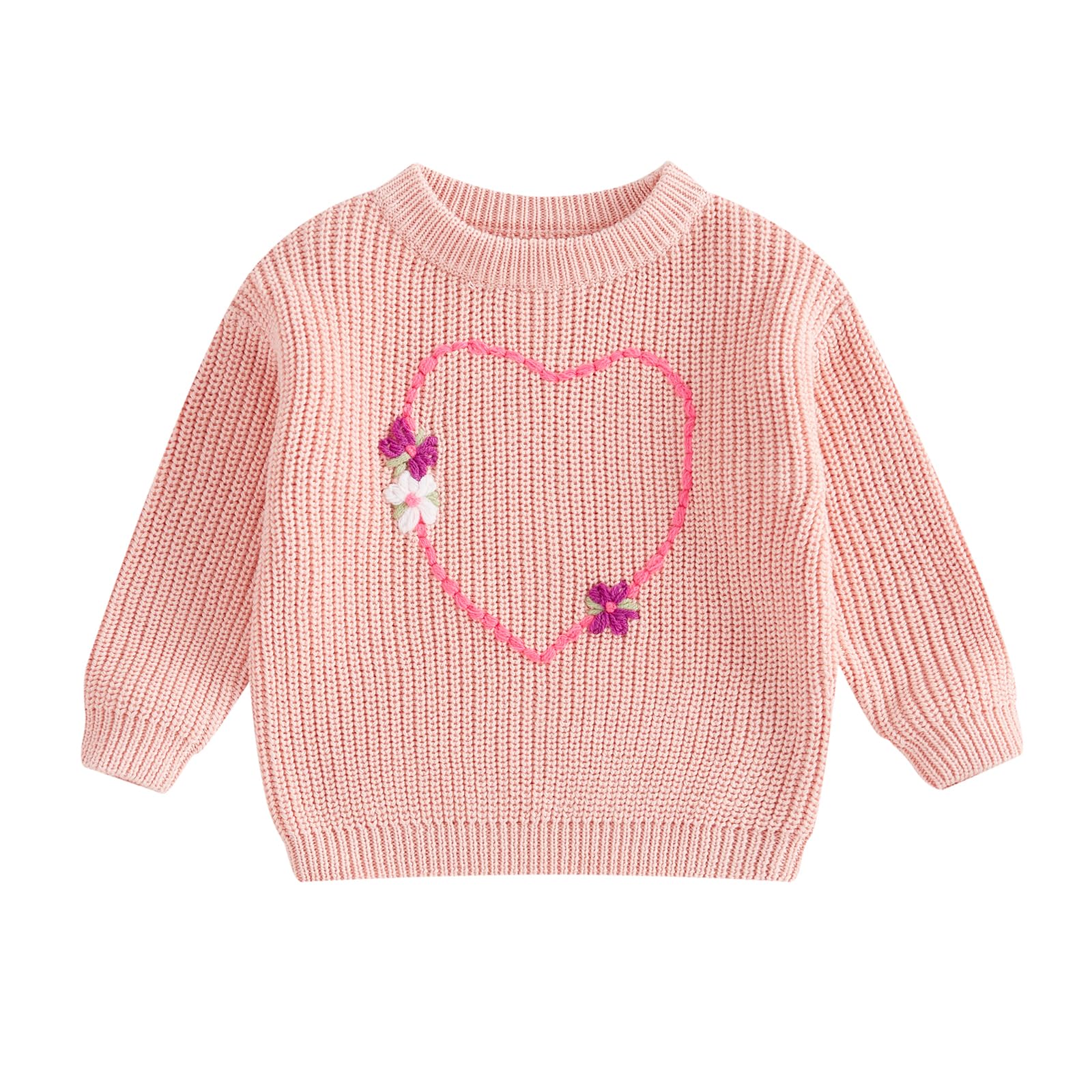 Nokpsedcb Baby Girl Cute Long Sleeve Heart Flowers Embroidery Oversized Sweater Toddler Valentine Outfit (Pink, 9-12 Months)