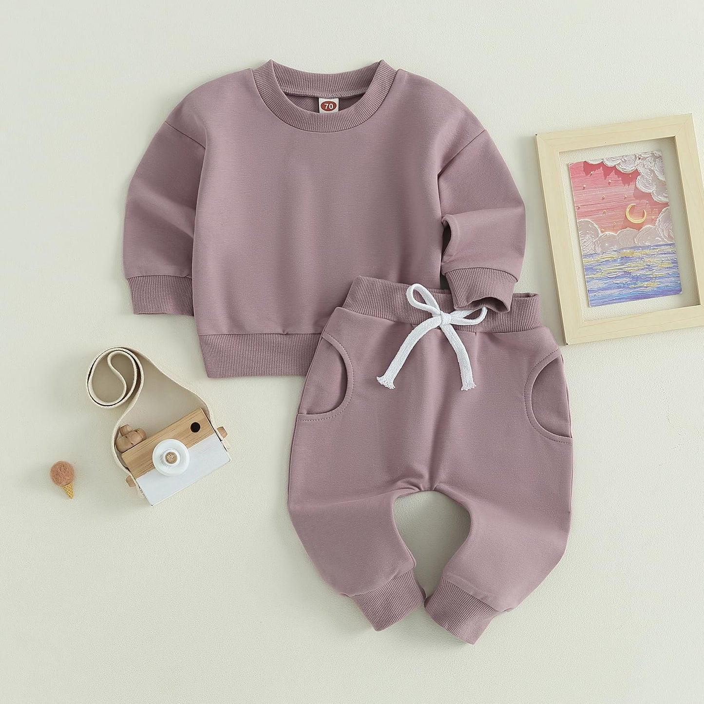 Baby Girl Clothes Winter Sets Fall Crewneck Sweatshirt Pocket Pants Solid Color Outfits Infant Toddler Girls Suit (Solid Purple,