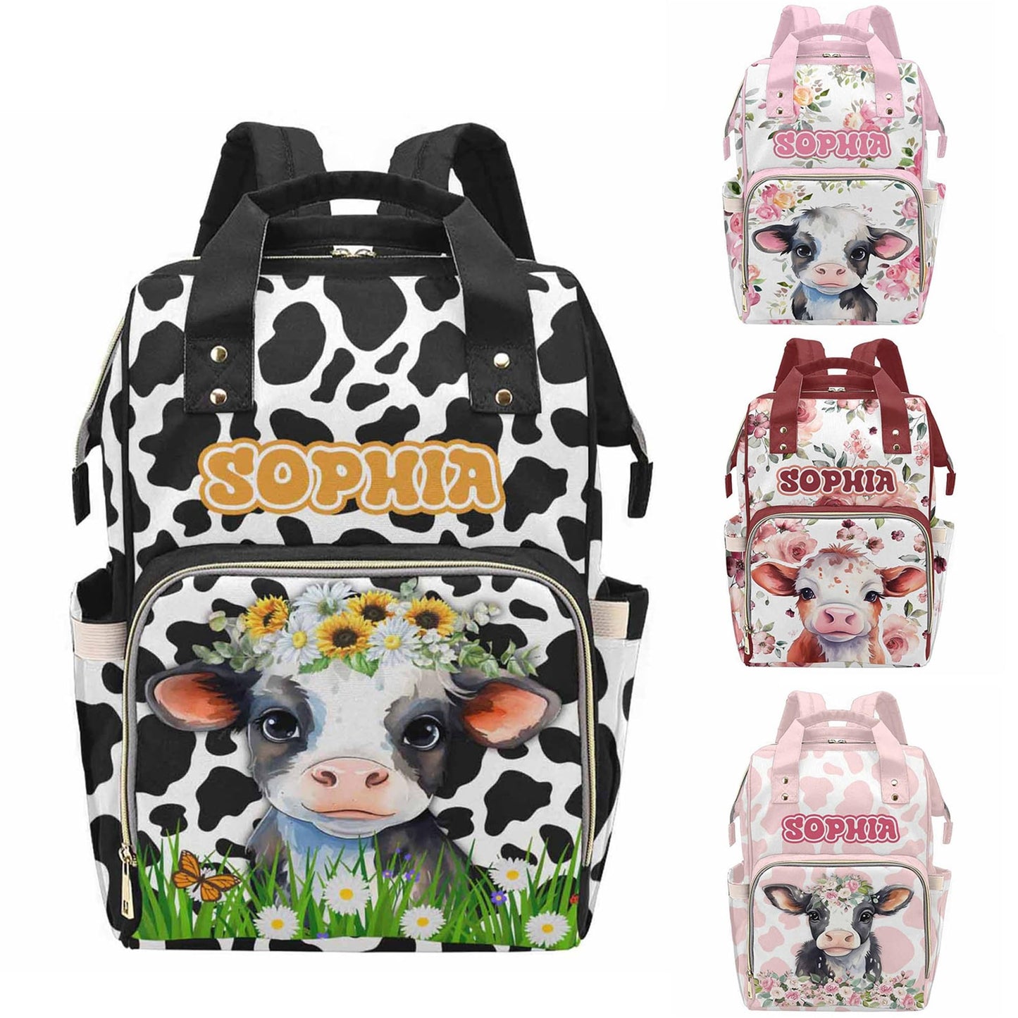 MyPupSocks Customized Name Diaper Bag with Adorable Cow- Tailored Mommy Backpack Comfort for You and Your Little One